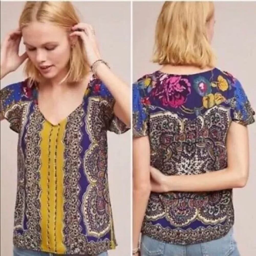 Anthropologie Moulinette Soeurs Satin Flowing Teresita Printed Short Sleeve Top